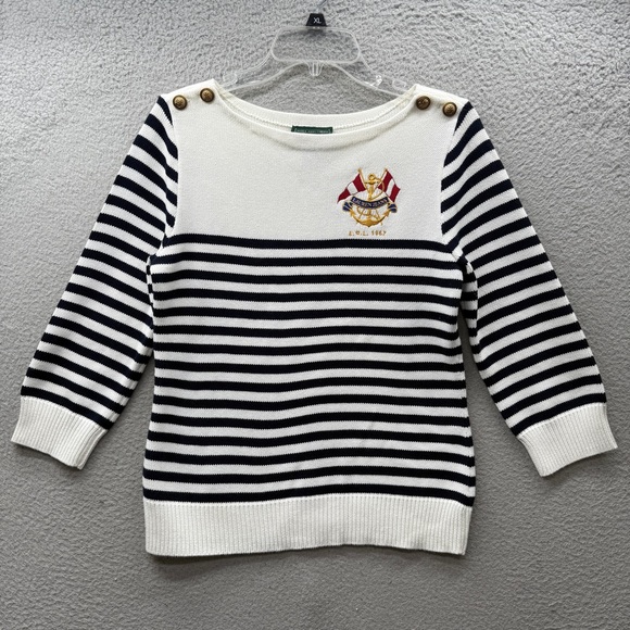 Lauren Jeans Co Ralph Lauren Breton Striped Crest Embroidered Sweater Top Size M - Picture 1 of 12